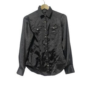Coogi Black Satin Button Up CG Print Shirt Size Small Retro Y2K Grunge Punk